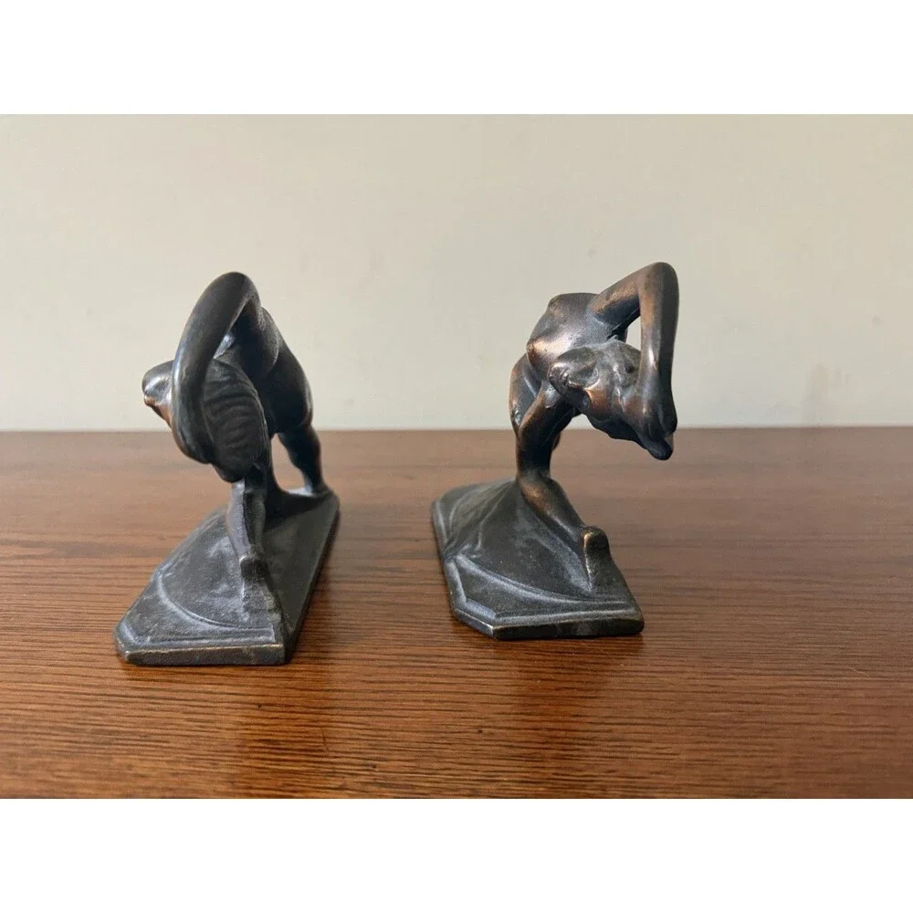 Antique Art Deco Bronze-Clad Spelter Bookends, Nude Figure, Kneeling Diving Pose